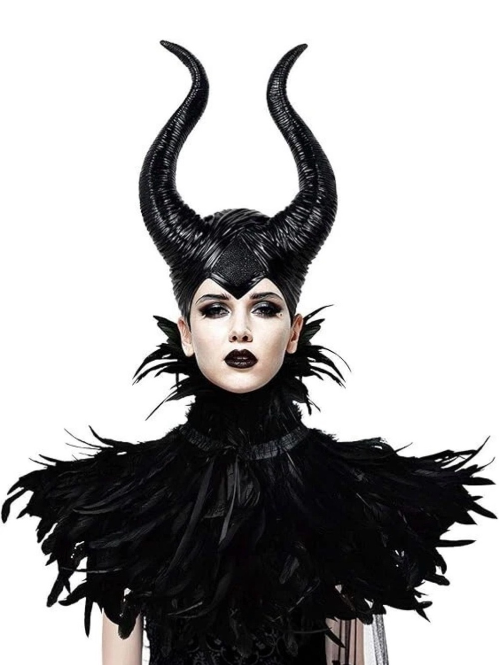 Women Maleficent Costume Witch Black Horns, Feather Collar Cosplay Halloween